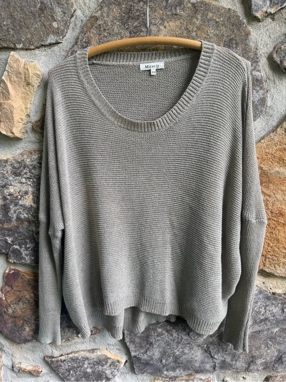 Miracle Neutral Taupe Beige Scoop Neck Batwing Ribbed Sweater Small Capsule Boho